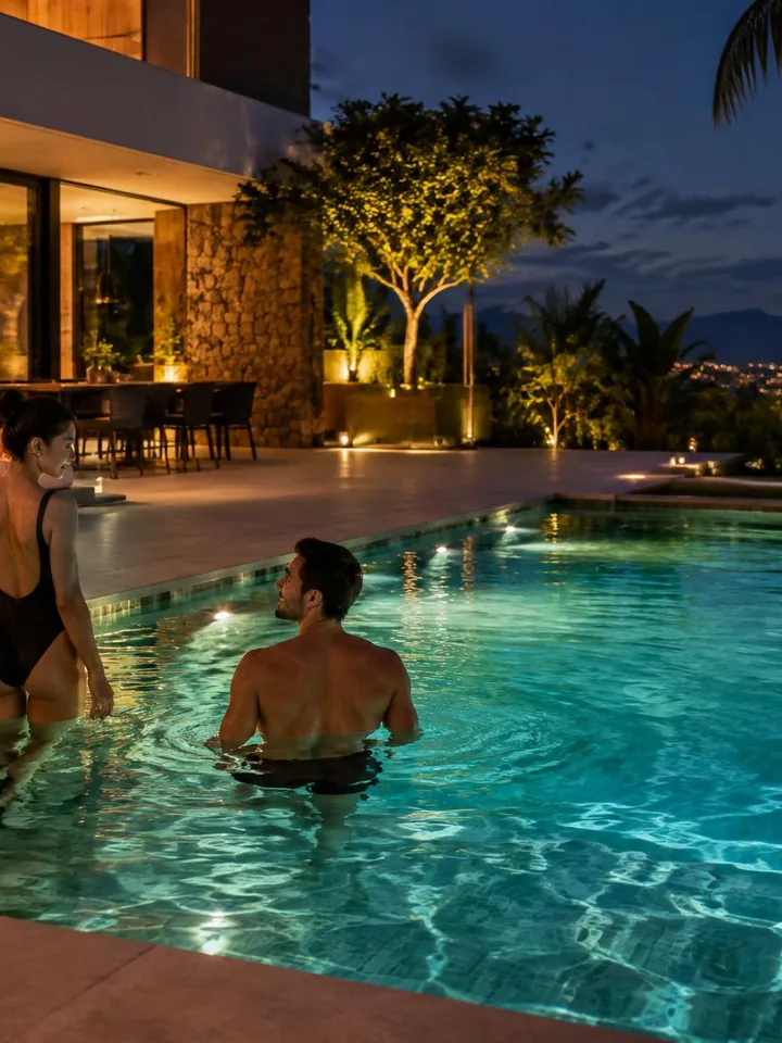 Casal aproveitando a piscina à noite